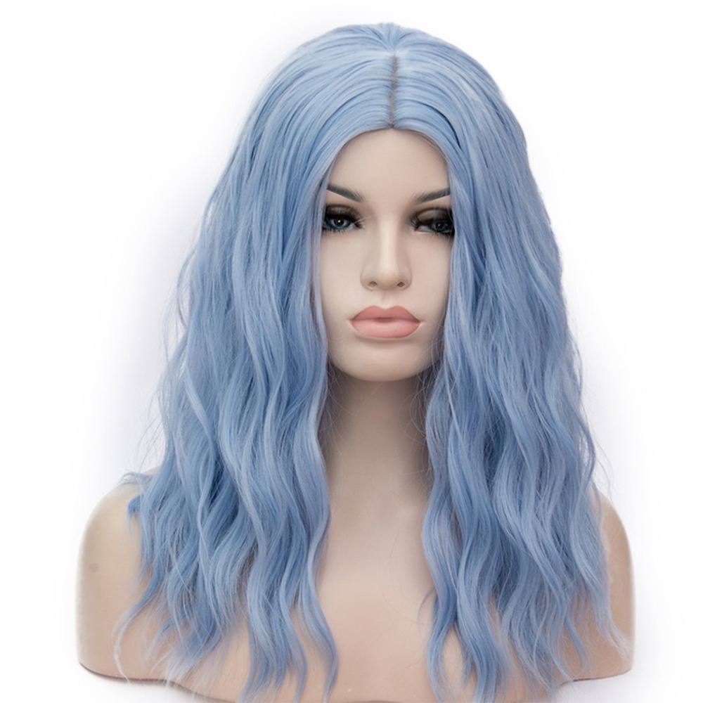 NWT 18" Water Blue Long Wavy Curly Synthetic Wig Women Cosplay Anime